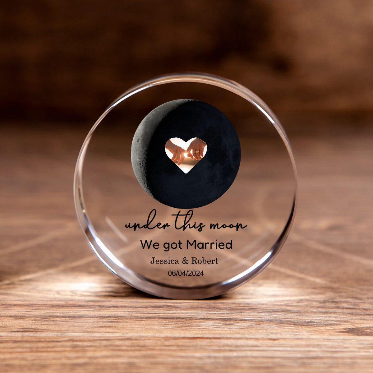 Personalized round crystal puck with moon phases design for romantic anniversary keepsake