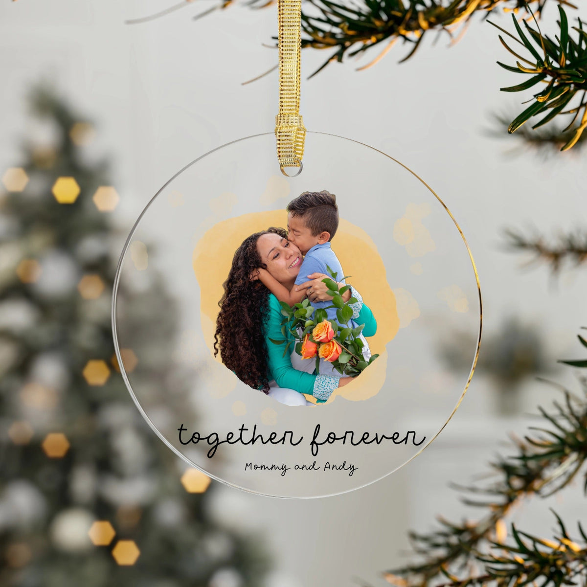 Personalized photo acrylic ornament with Together Forever design for couples keepsake