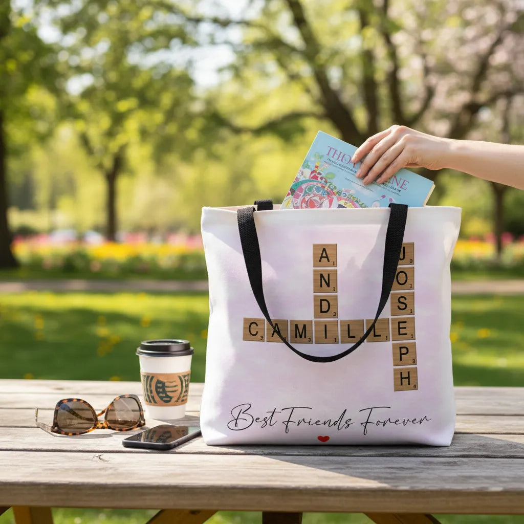 Personalized classic tote bag with custom crossword puzzle design for interactive carry