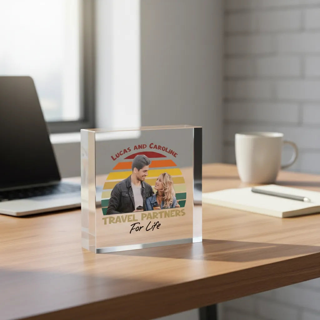 Personalized travel partners mini photo block with custom photos for adventure keepsake