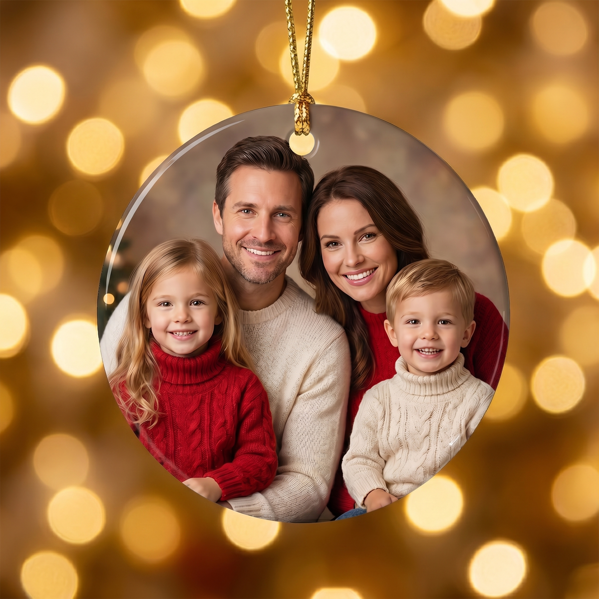 Personalized family photo ceramic Christmas ornament against warm golden Christmas bokeh