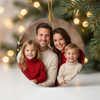 Personalized family photo ceramic Christmas ornament with a custom family picture, glossy round disc on a pine branch with warm holiday lights