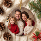 Personalized family photo ceramic Christmas ornament flat-lay on a cream knit blanket with pinecones and a wrapped gift