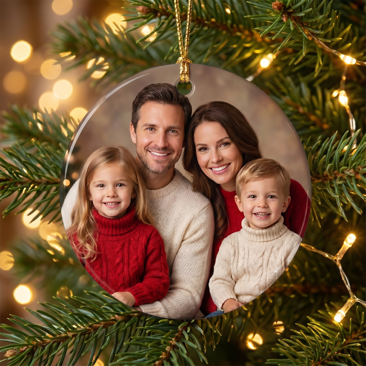 Personalized family photo ceramic Christmas ornament nestled in pine branches with golden Christmas lights