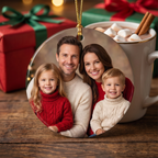 Personalized family photo ceramic Christmas ornament on a rustic dark wood table with cocoa and wrapped gifts