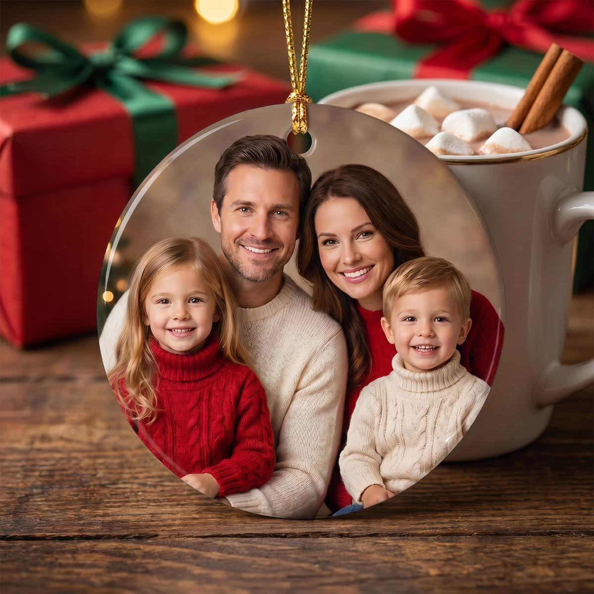 Personalized family photo ceramic Christmas ornament on a rustic dark wood table with cocoa and wrapped gifts