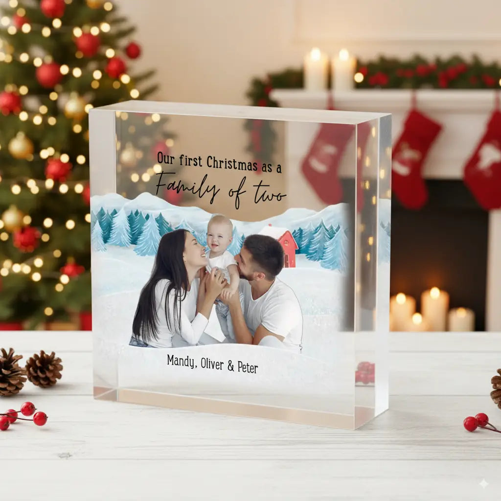 Personalized photo mini block for Our First Christmas celebrating couples first holiday