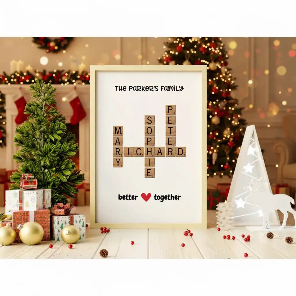 Personalized crossword family frame with Better Together design for meaningful home decor