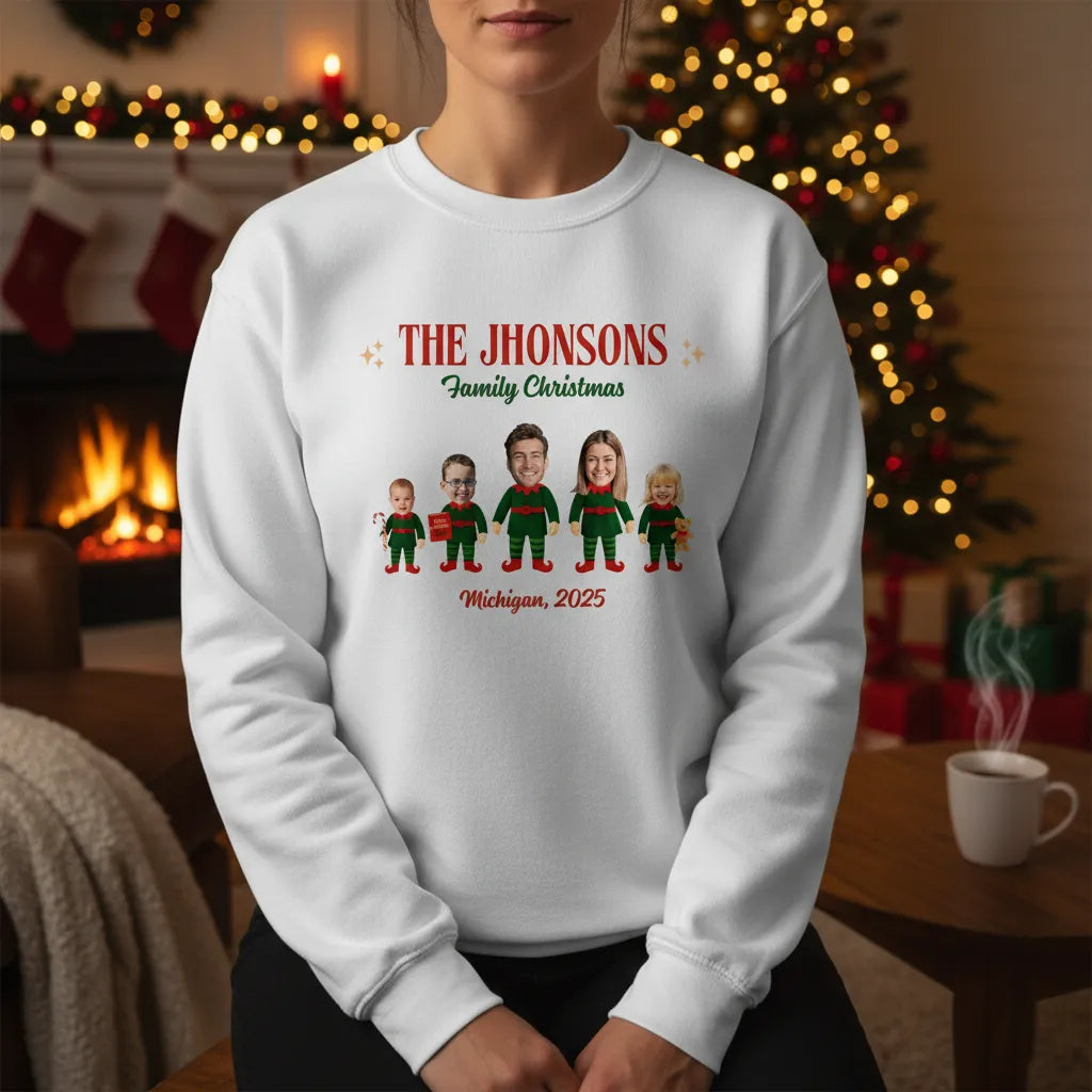 Personalized face-cut unisex sweatshirt with Elf Family design for matching Christmas wear