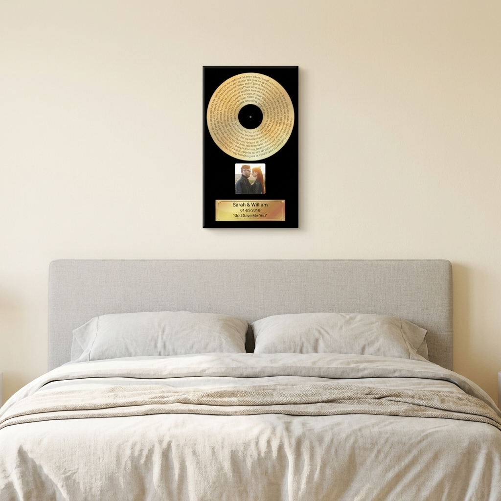 Gold Record canvas above bedroom headboard