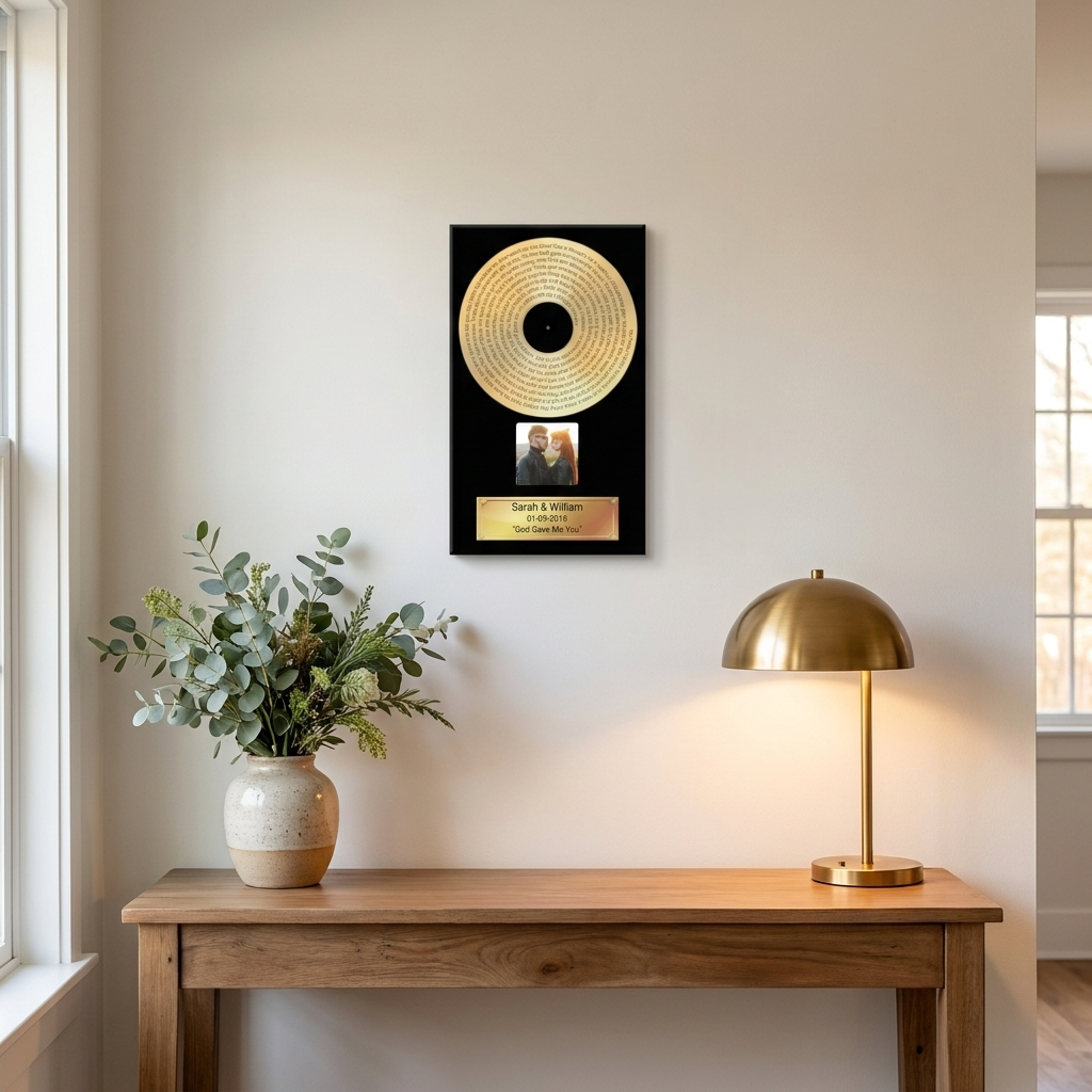 Gold Record canvas above entryway console table
