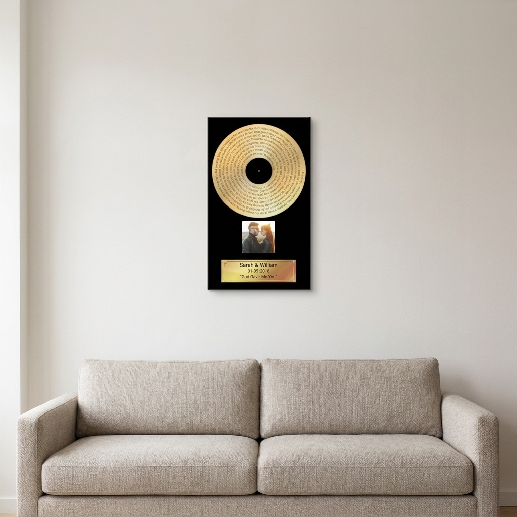 Gold Record gallery wrap canvas above living room sofa