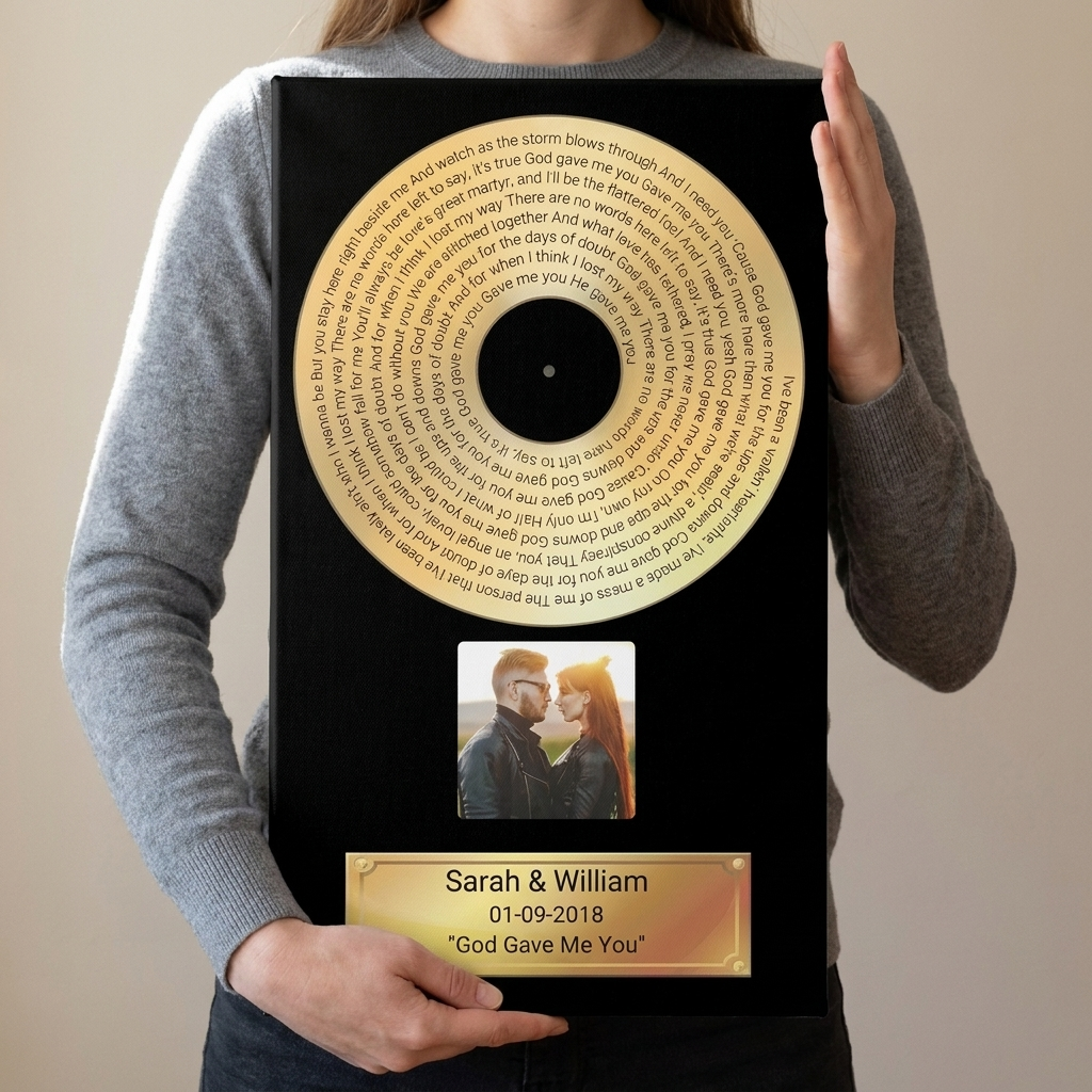 Gold Record gallery wrap canvas held to show size