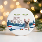Personalized Merry Woofmas French Bulldog ceramic ornament for Mojo against warm golden Christmas bokeh