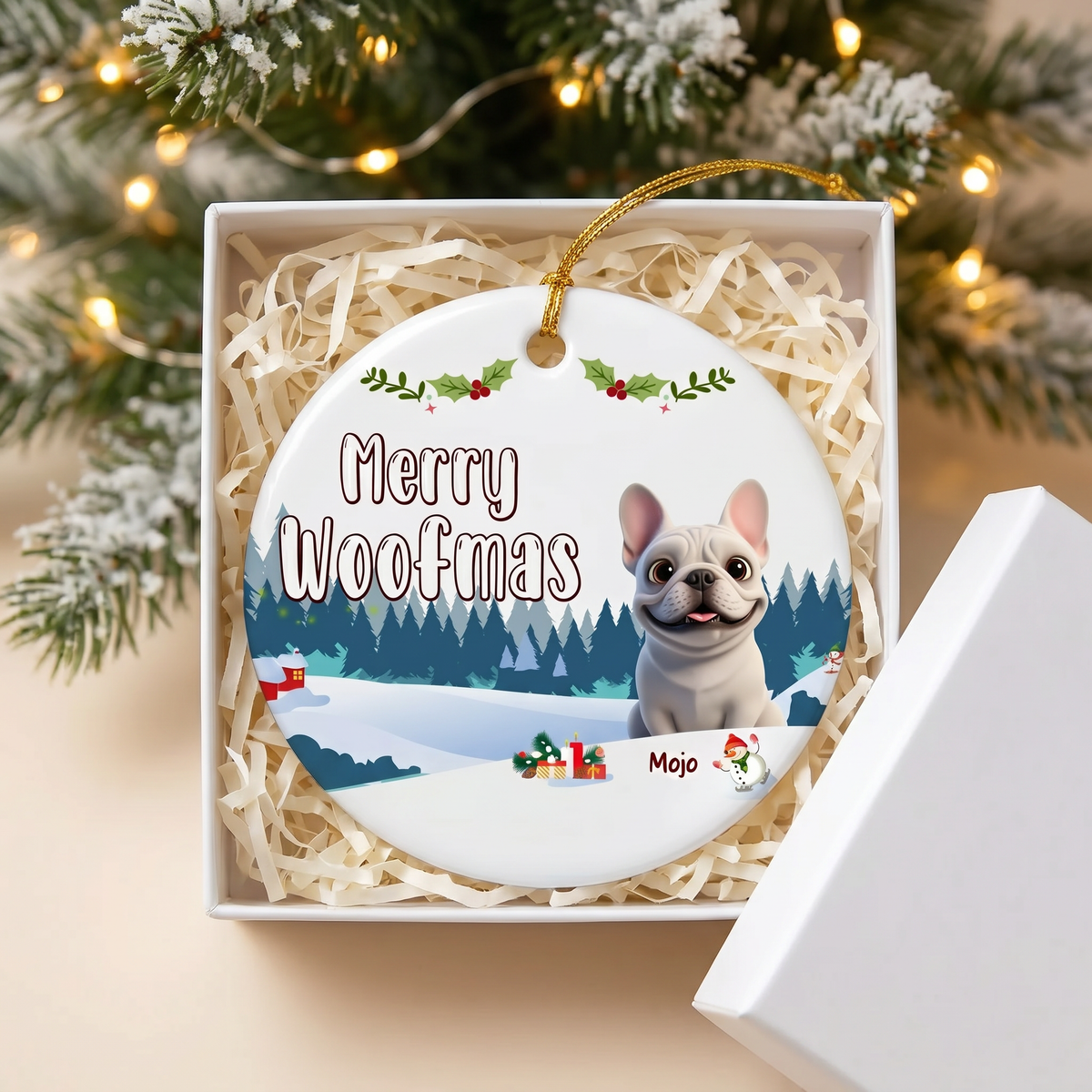 Merry Woofmas French Bulldog ceramic ornament for Mojo in an open white gift box with shredded paper filler