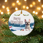 Merry Woofmas personalized French Bulldog Christmas ornament with the name Mojo, glossy white ceramic disc on a pine branch