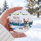 Hand holding a personalized Merry Woofmas French Bulldog ceramic ornament for Mojo with a snowy background