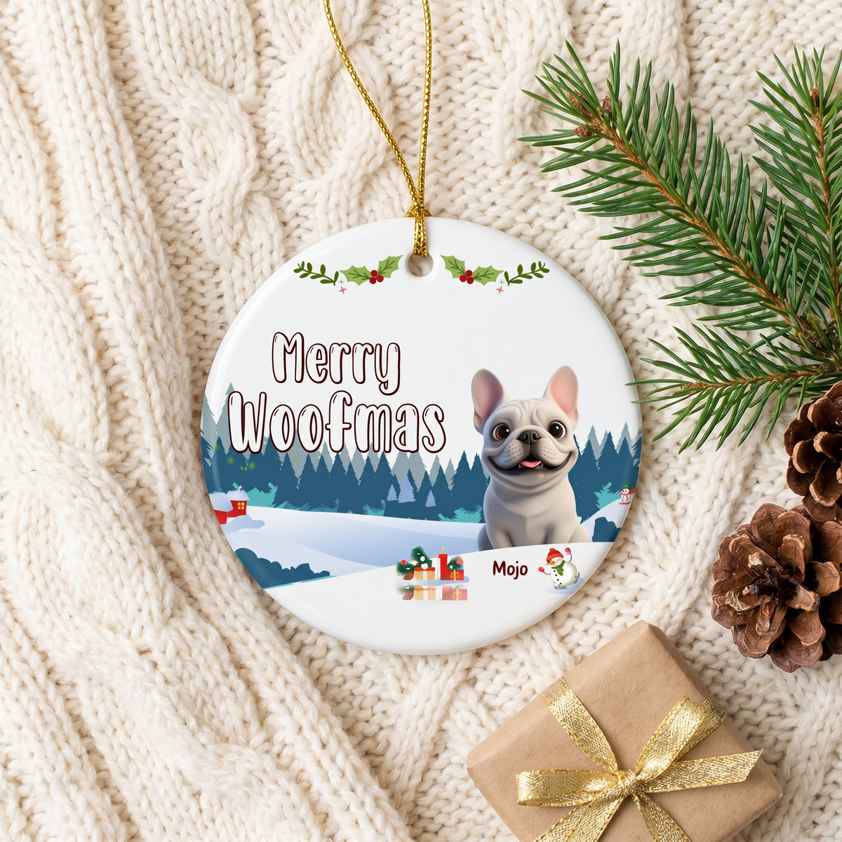 Merry Woofmas frenchie ceramic ornament for Mojo, flat-lay on a cream knit blanket with pinecones