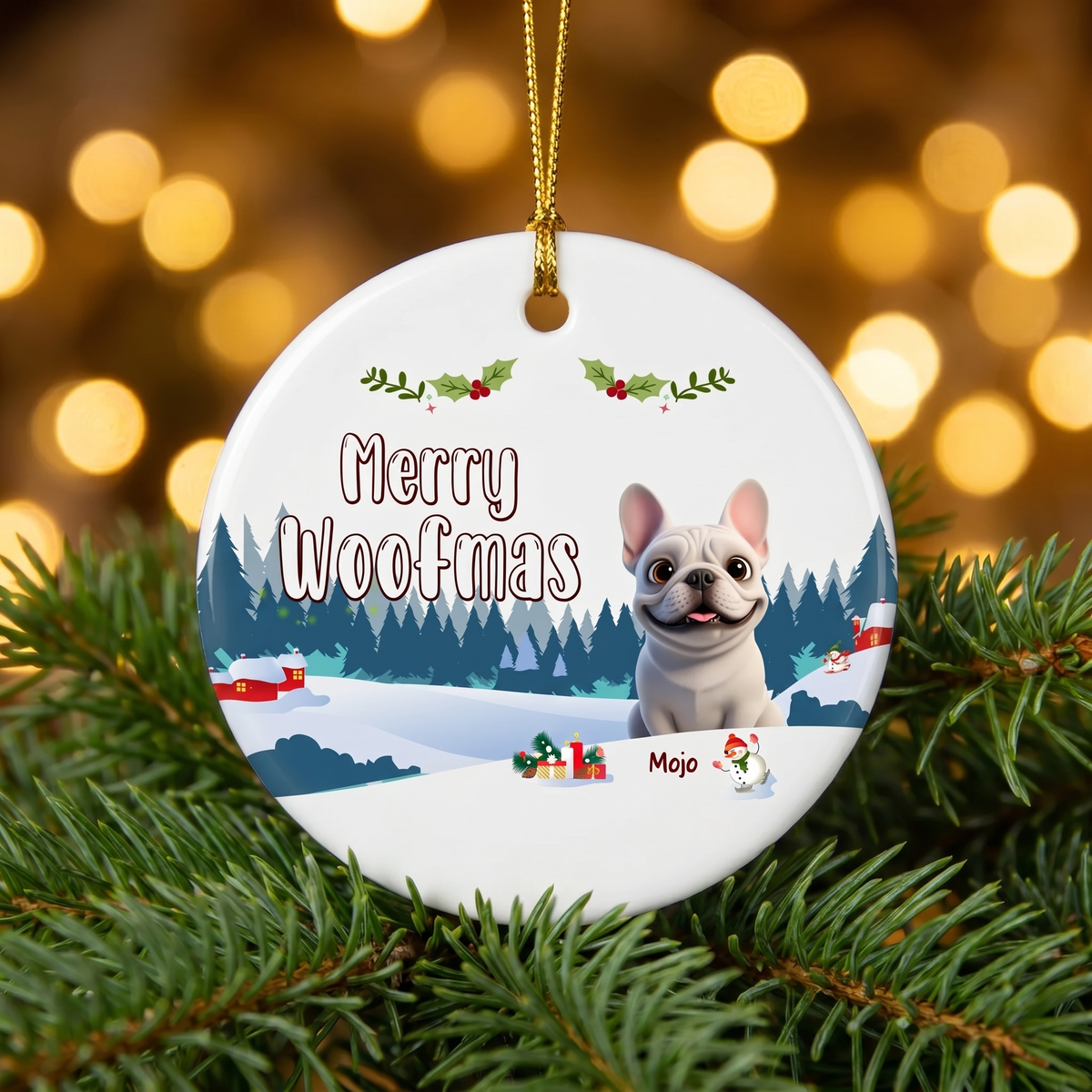 Merry Woofmas French Bulldog ceramic ornament for Mojo nestled in pine branches with golden Christmas lights