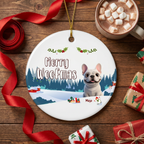 Merry Woofmas frenchie Christmas ornament for Mojo on a rustic dark wood table with cocoa and wrapped gifts