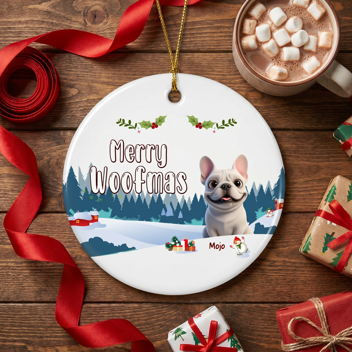 Merry Woofmas frenchie Christmas ornament for Mojo on a rustic dark wood table with cocoa and wrapped gifts