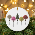 My Forest personalized family tree ceramic ornament with five trees and names, on a pine branch