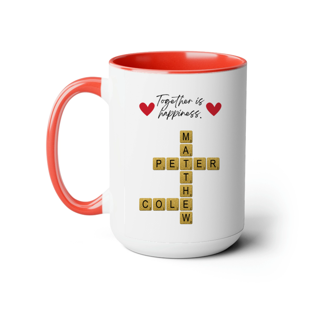 Personalized 15oz crossword coffee mug with Together is Happiness couples design