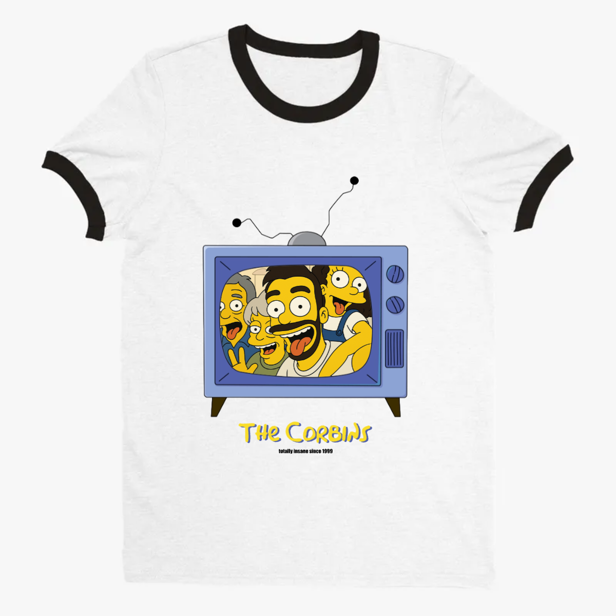 Personalized family ringer t-shirt with Simpsons style design for nostalgic matching apparel