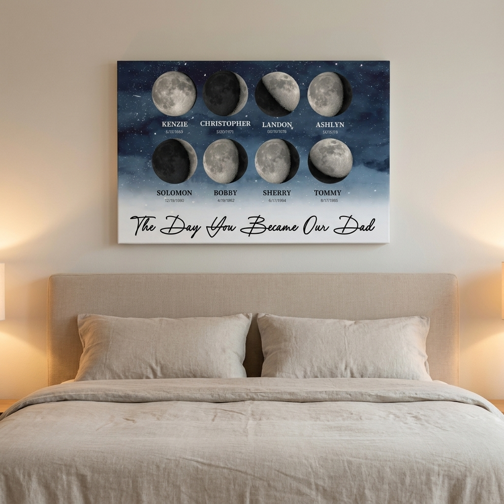 Moon Phase canvas above bedroom headboard