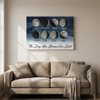 Moon Phase The Day You Became Our Dad canvas above living room sofa