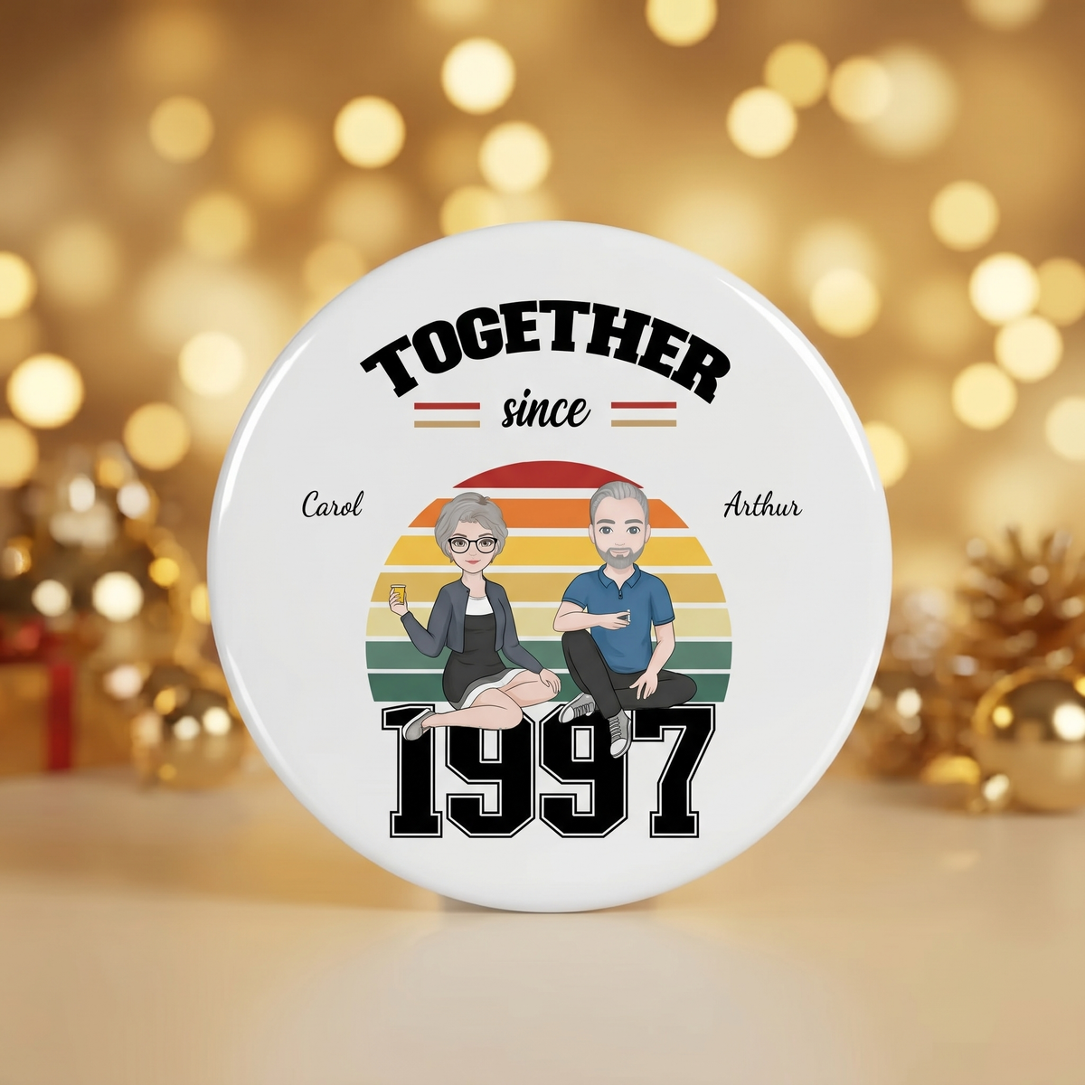 Personalized Together Since 1997 ceramic ornament against warm golden Christmas bokeh