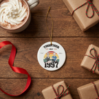 Together Since 1997 ceramic ornament on a rustic dark wood table with cocoa and wrapped gifts